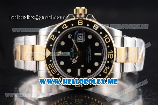 Rolex GMT-Master II Clone Rolex 3186 Automatic Two Tone Case/Bracelet with Black Dial and Dot Markers (BP) - Click Image to Close